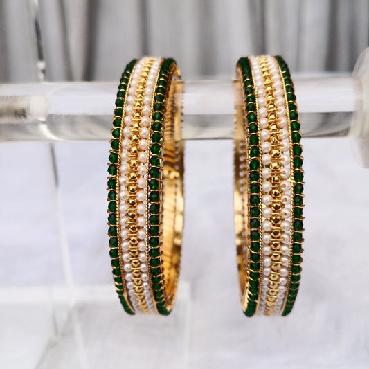 Moti Bangles with Bottle Green Color Stones