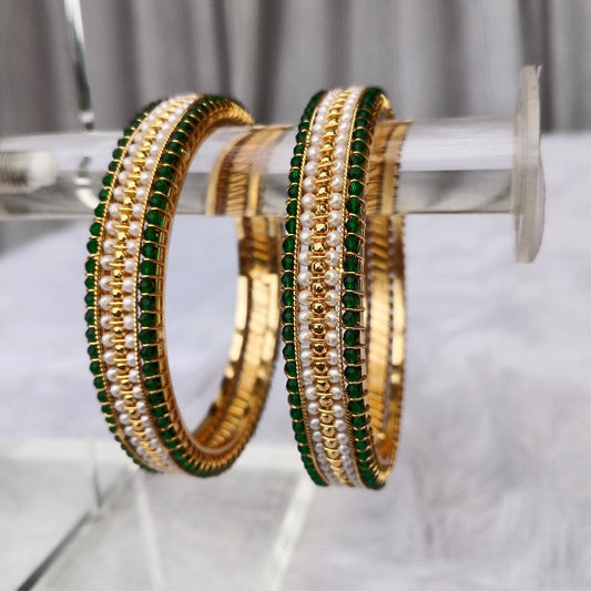 Moti Bangles with Bottle Green Color Stones