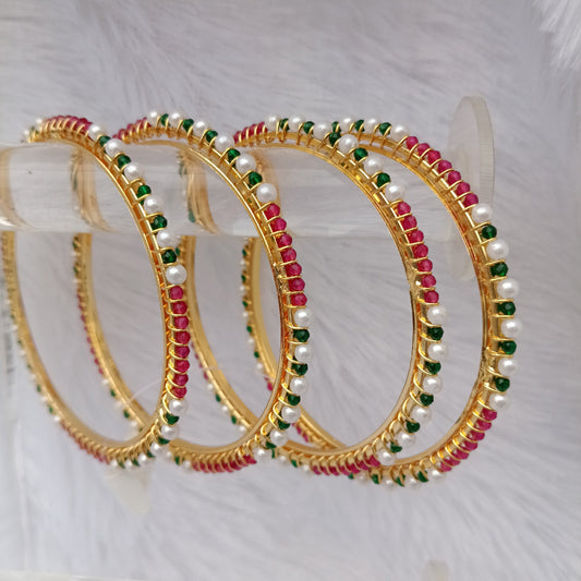 Moti Bangles with Bottle Green & Red Stones