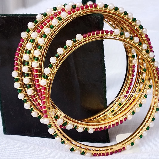 Moti Bangles with Bottle Green & Red Stones