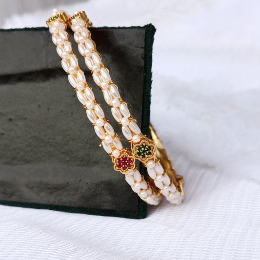 Moti Bangles with Bottle Green & Red Stones