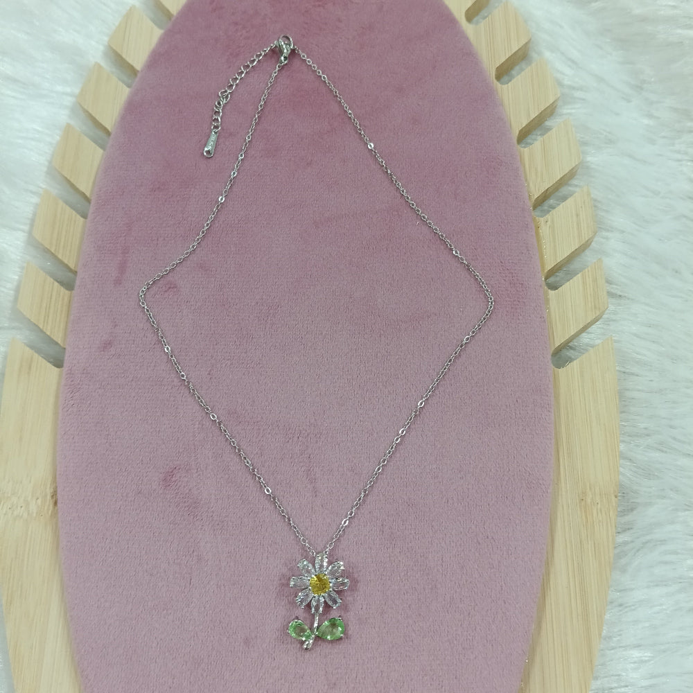 Chain Pendant Flower Shaped Design with Green Stones Embedded
