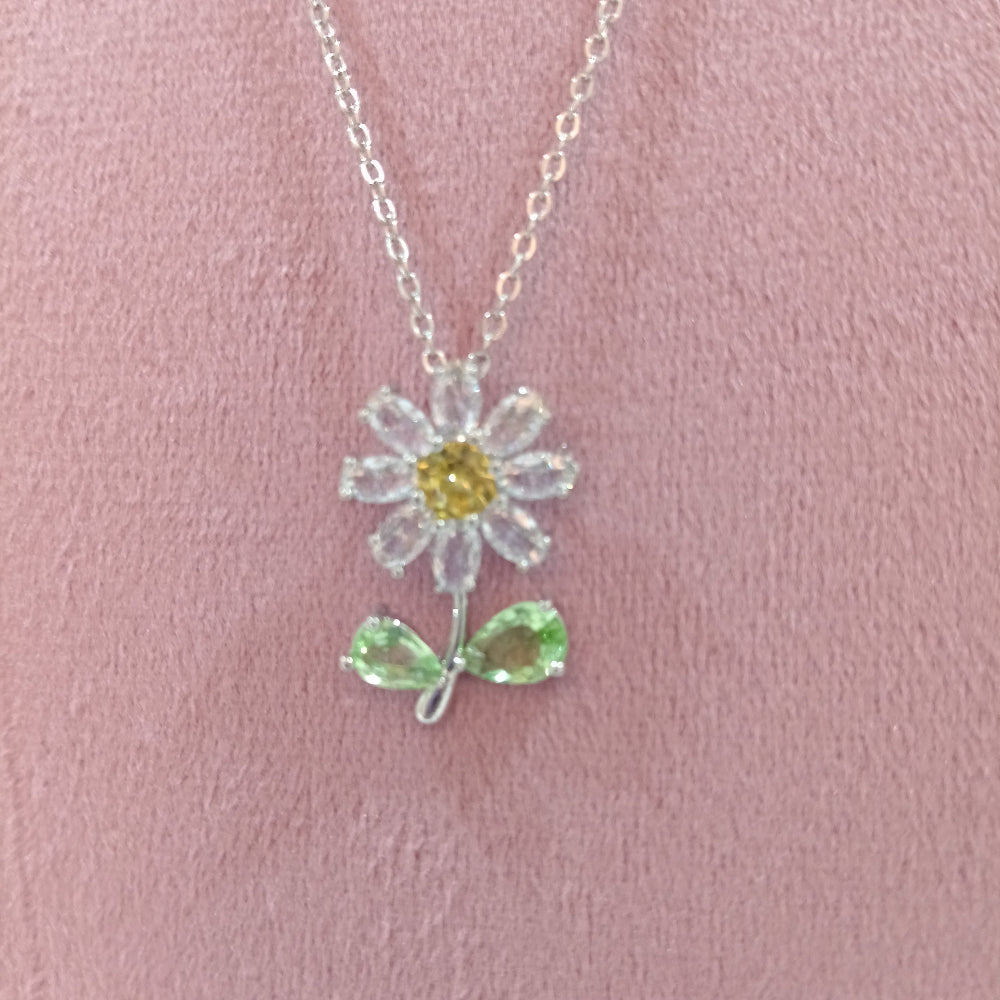 Chain Pendant Flower Shaped Design with Green Stones Embedded
