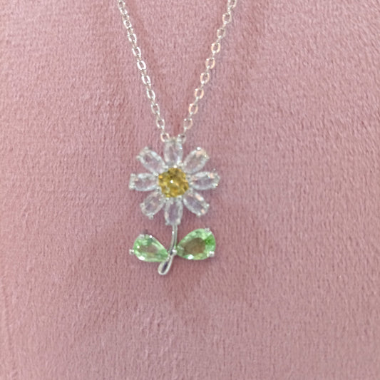 Chain Pendant Flower Shaped Design with Green Stones Embedded