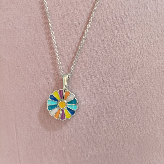 Chain Pendant with Flower Shaped Multicolor Stones Embedded