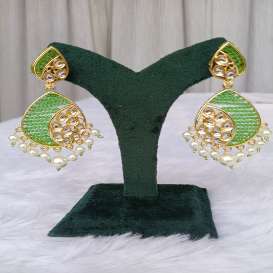 Traditional Long Earrings with Green Stones & Pearl