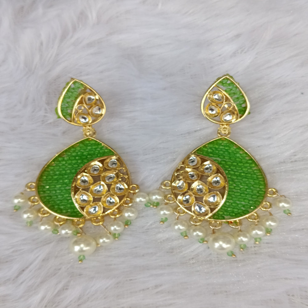 Traditional Long Earrings with Green Stones & Pearl
