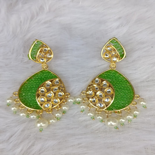 Traditional Long Earrings with Green Stones & Pearl