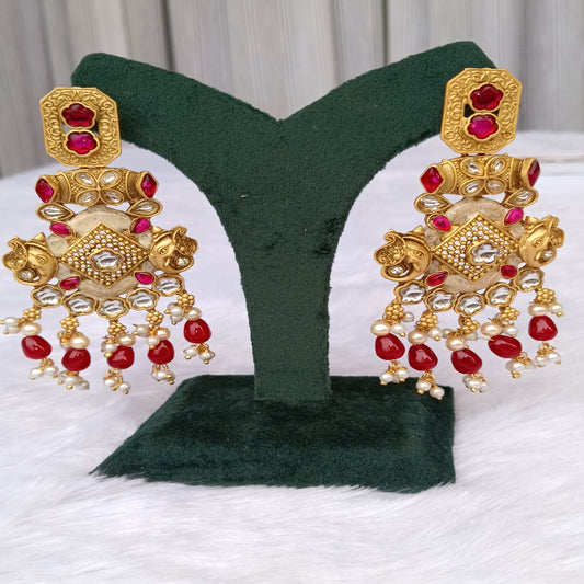 Traditional Long Earrings with Red Stones