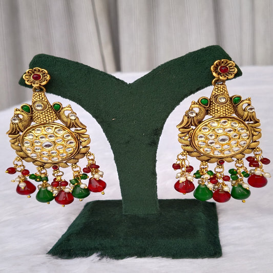 Traditional Long Earrings with Green & Red Stones