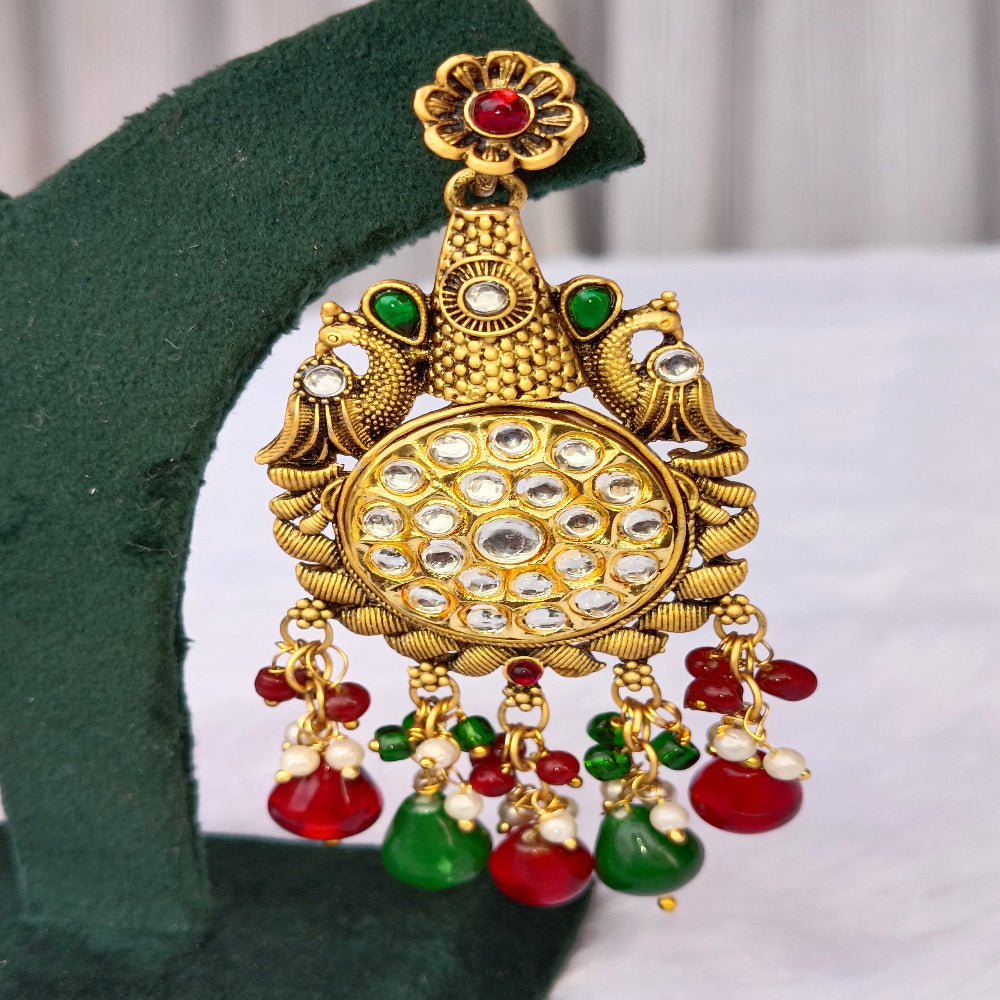 Traditional Long Earrings with Green & Red Stones