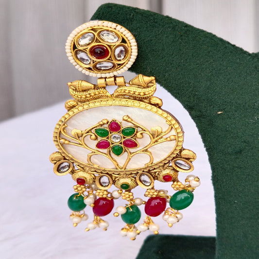 Traditional Long Earrings with Red & Green Stones