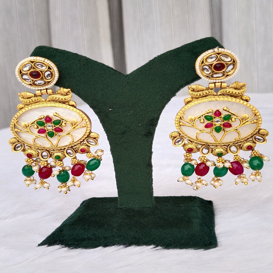 Traditional Long Earrings with Red & Green Stones