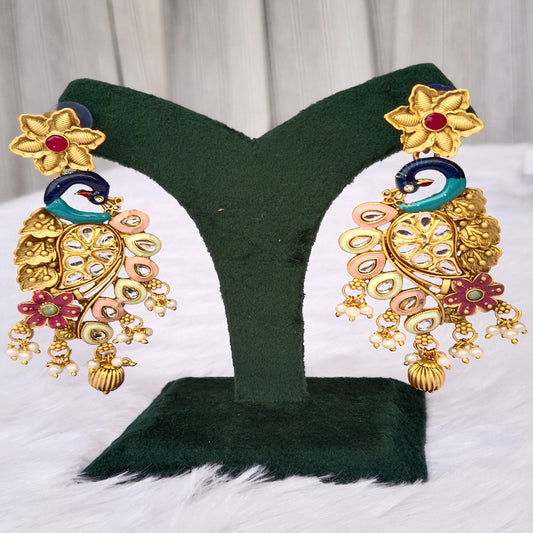 Traditional Long Earrings with Peacock Design