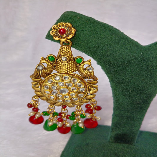 Traditional Long Earrings with Red & Green Stones