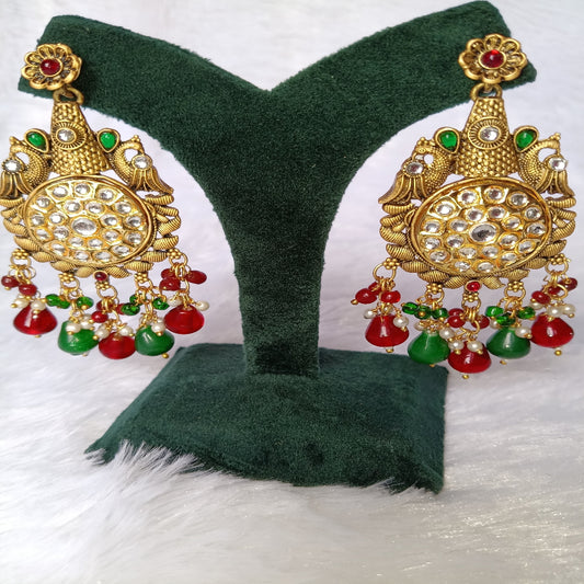 Traditional Long Earrings with Red & Green Stones