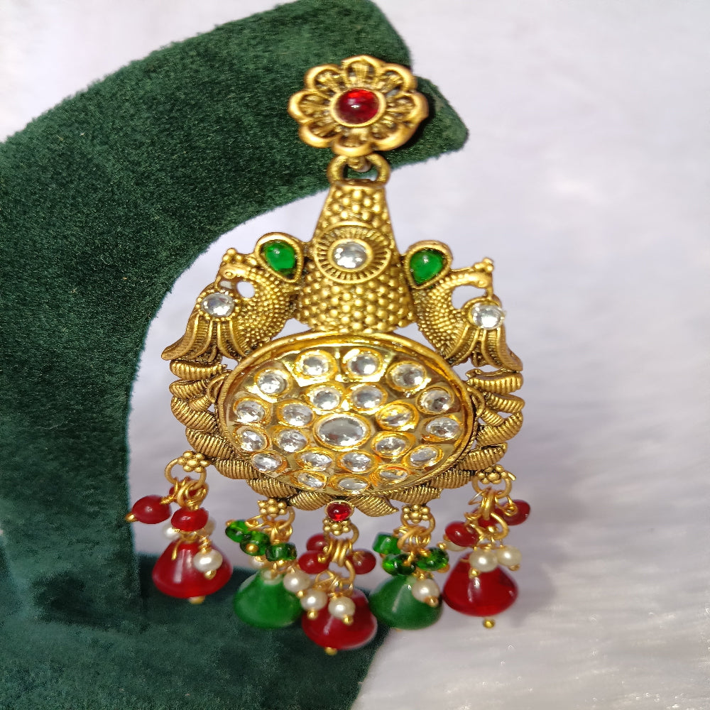 Traditional Long Earrings with Red & Green Stones