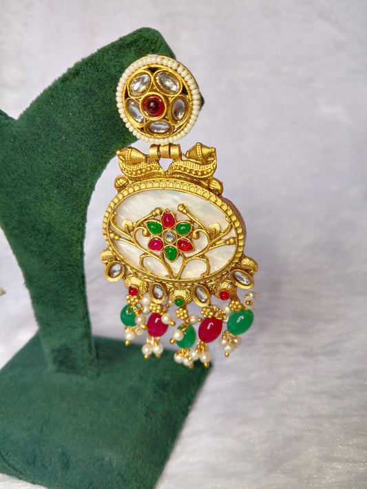 Traditional Long Earrings with Red & Green Stones