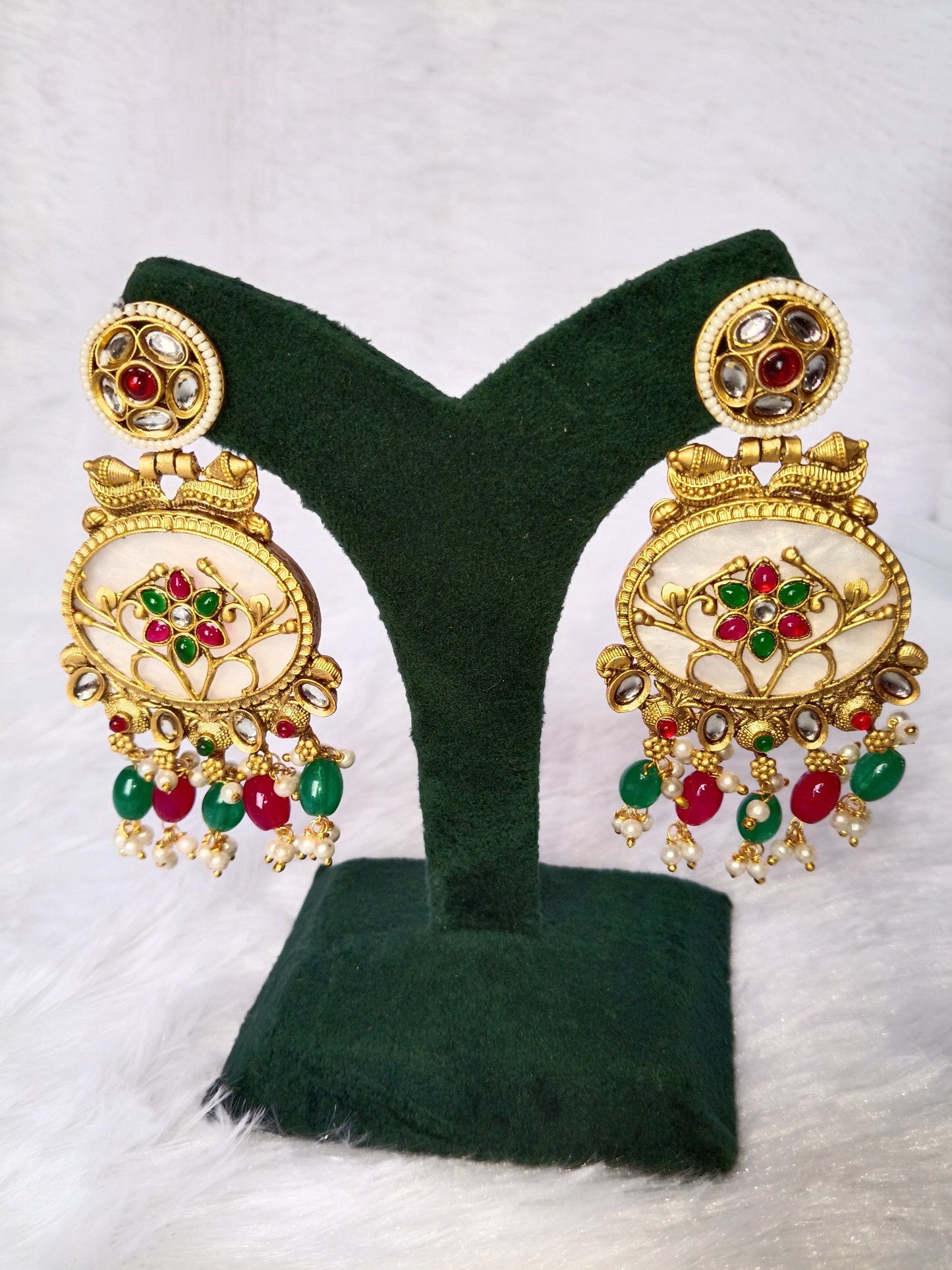 Traditional Long Earrings with Red & Green Stones