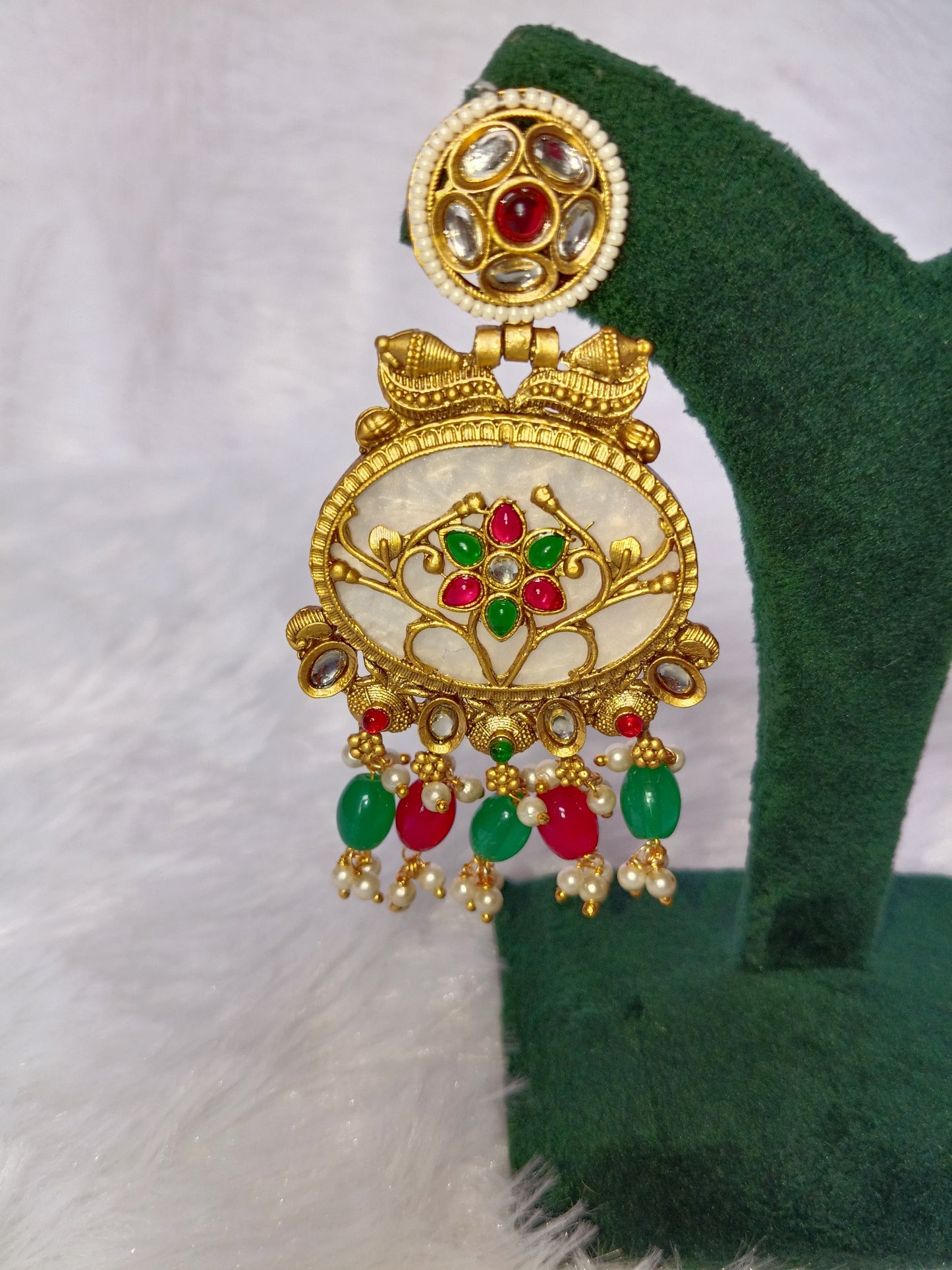 Traditional Long Earrings with Red & Green Stones