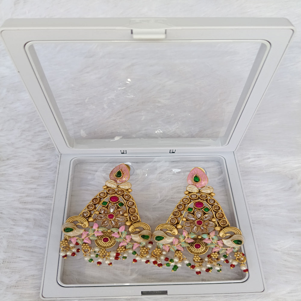 Traditional Long Earrings with Red, Green & Pink Stones