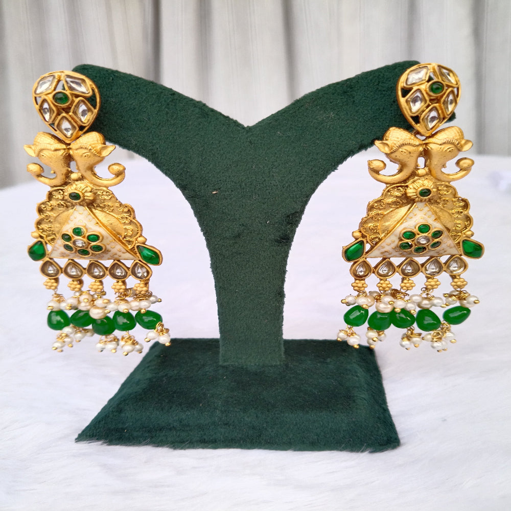 Traditional Long Earrings with Green & White Stones