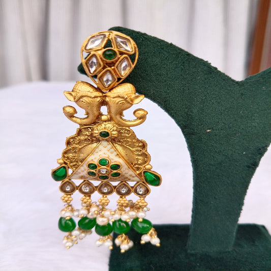 Traditional Long Earrings with Green & White Stones