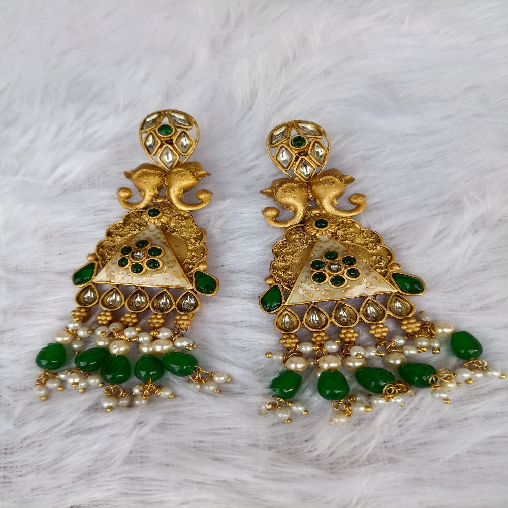 Traditional Long Earrings with Green & White Stones