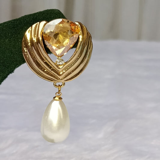 Earrings with Yellow Stone and Pearl Drop