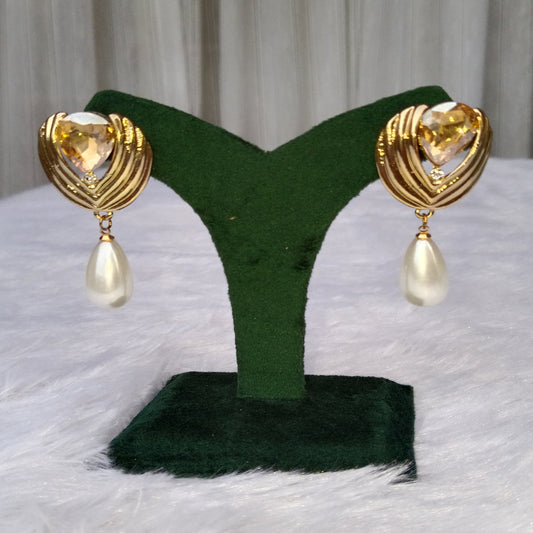 Earrings with Yellow Stone and Pearl Drop