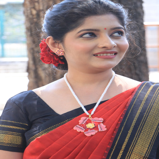 Long Necklace Set with Moti Mala & Flower Design Pendant