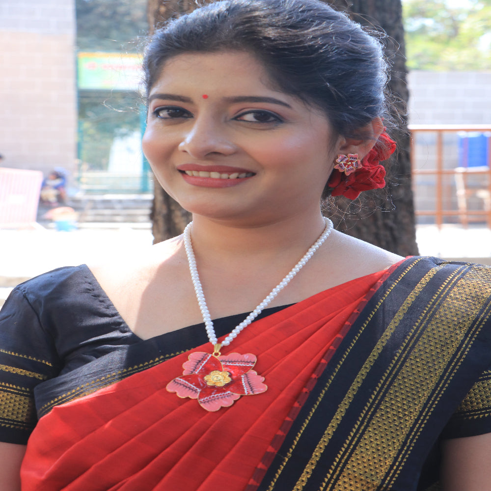 Long Necklace Set with Moti Mala & Flower Design Pendant