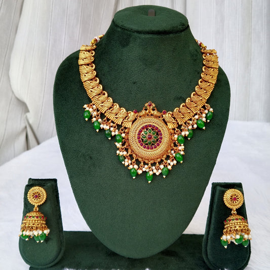 Short Necklace Set with Bottle Green Color Stones