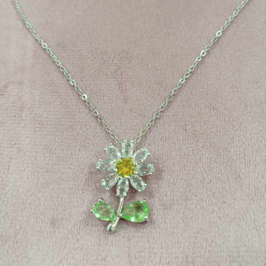 Chain Pendant Flower Shaped Design with Green Stones Embedded