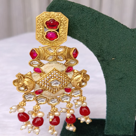 Traditional Long Earrings with Red Stones
