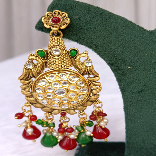 Traditional Long Earrings with Green & Red Stones