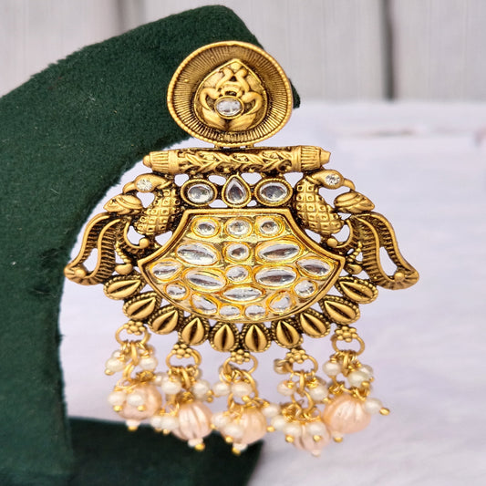 Traditional Long Earrings with White Pearl