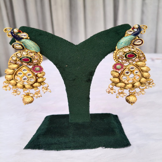 Traditional Long Earrings with Peacock Design