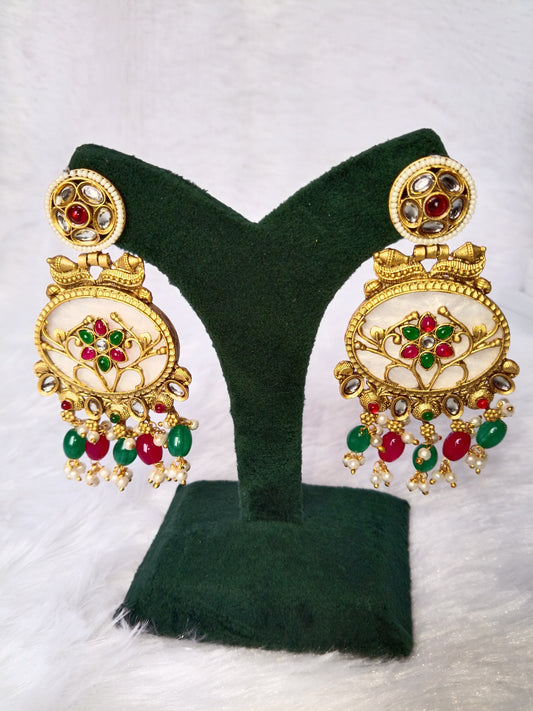 Traditional Long Earrings with Red & Green Stones