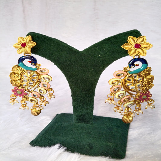 Traditional Long Earrings with Peacock Design