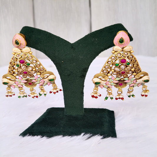 Traditional Long Earrings with Red, Green & Pink Stones