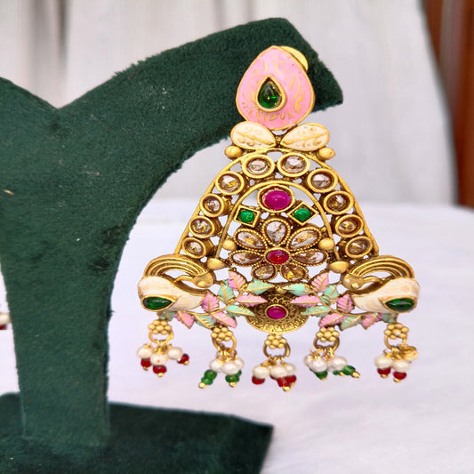 Traditional Long Earrings with Red, Green & Pink Stones