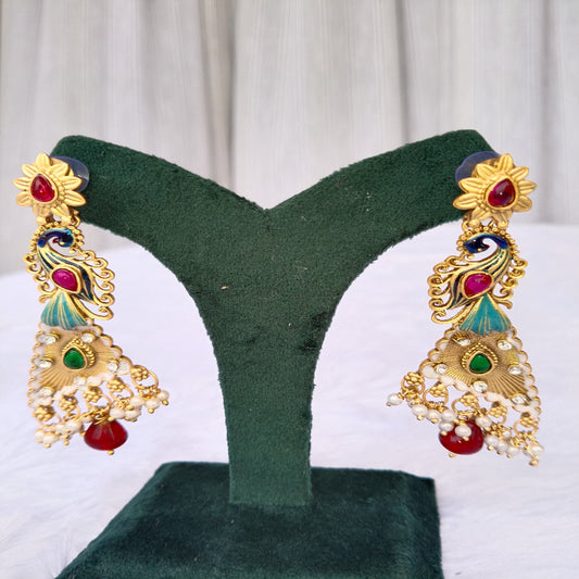 Traditional Long Earrings with Peacock Design