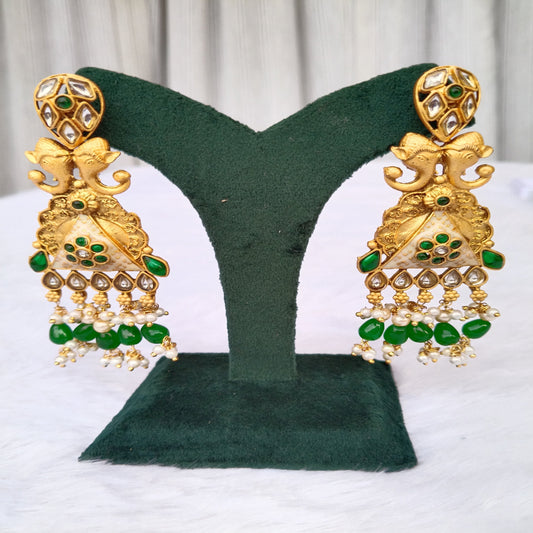 Traditional Long Earrings with Green & White Stones