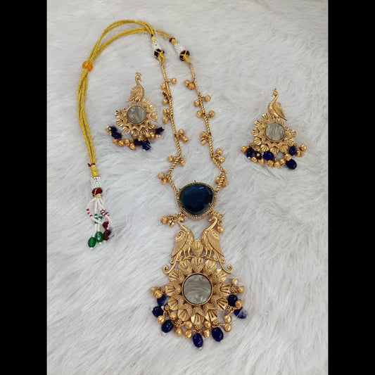 Long Necklace Set with Navy Blue Stones