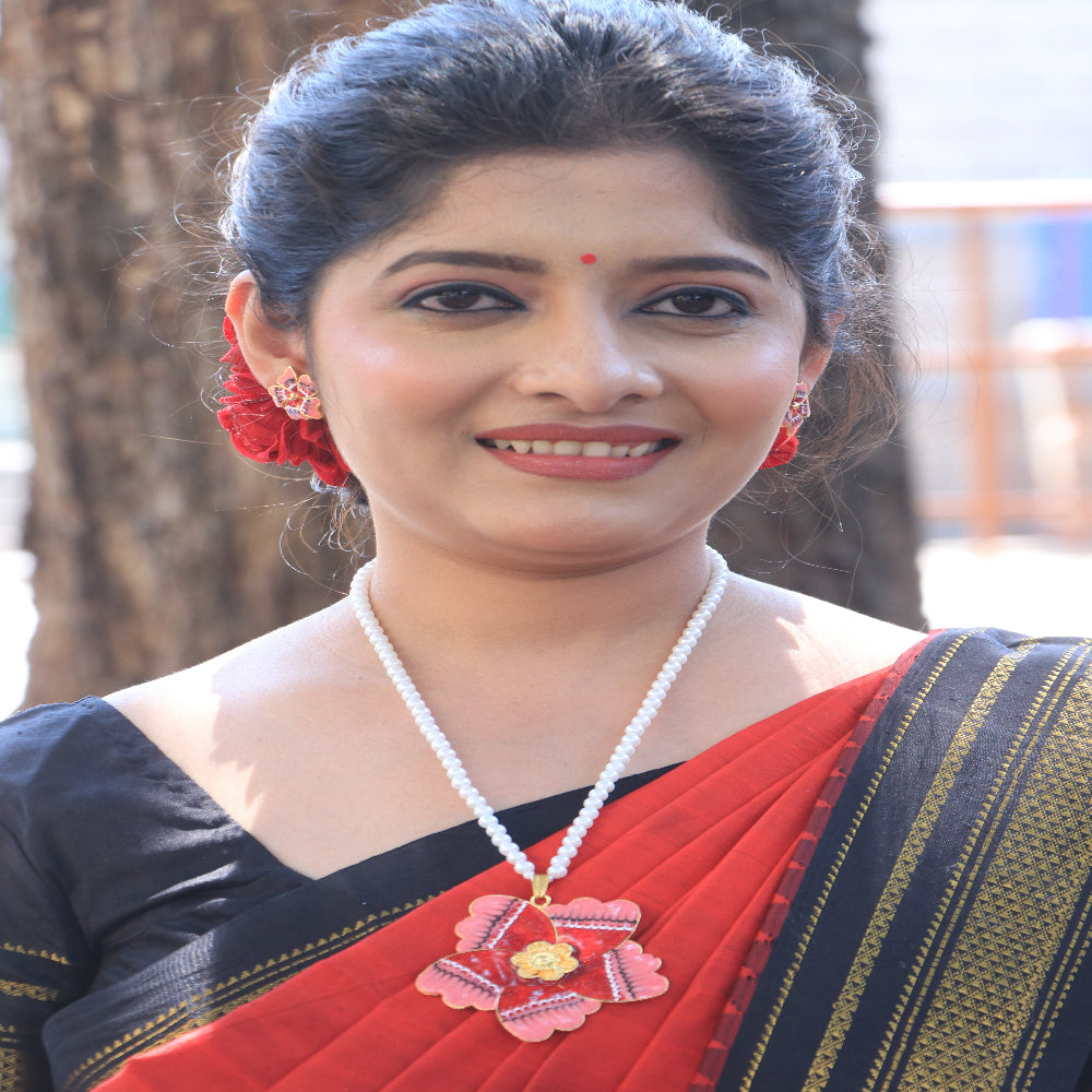 Long Necklace Set with Moti Mala & Flower Design Pendant