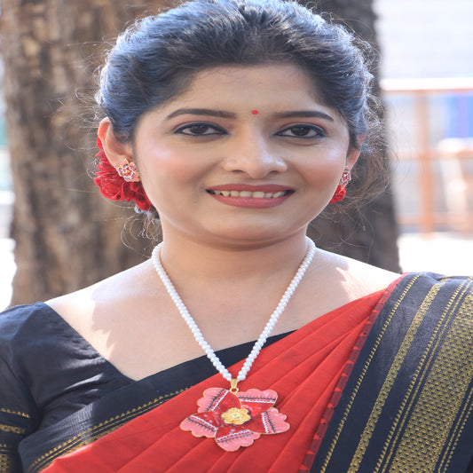 Long Necklace Set with Moti Mala & Flower Design Pendant