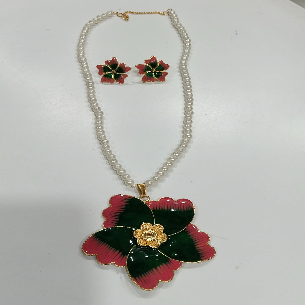 Long Necklace Set with Pink/Black Flower Design Pendant
