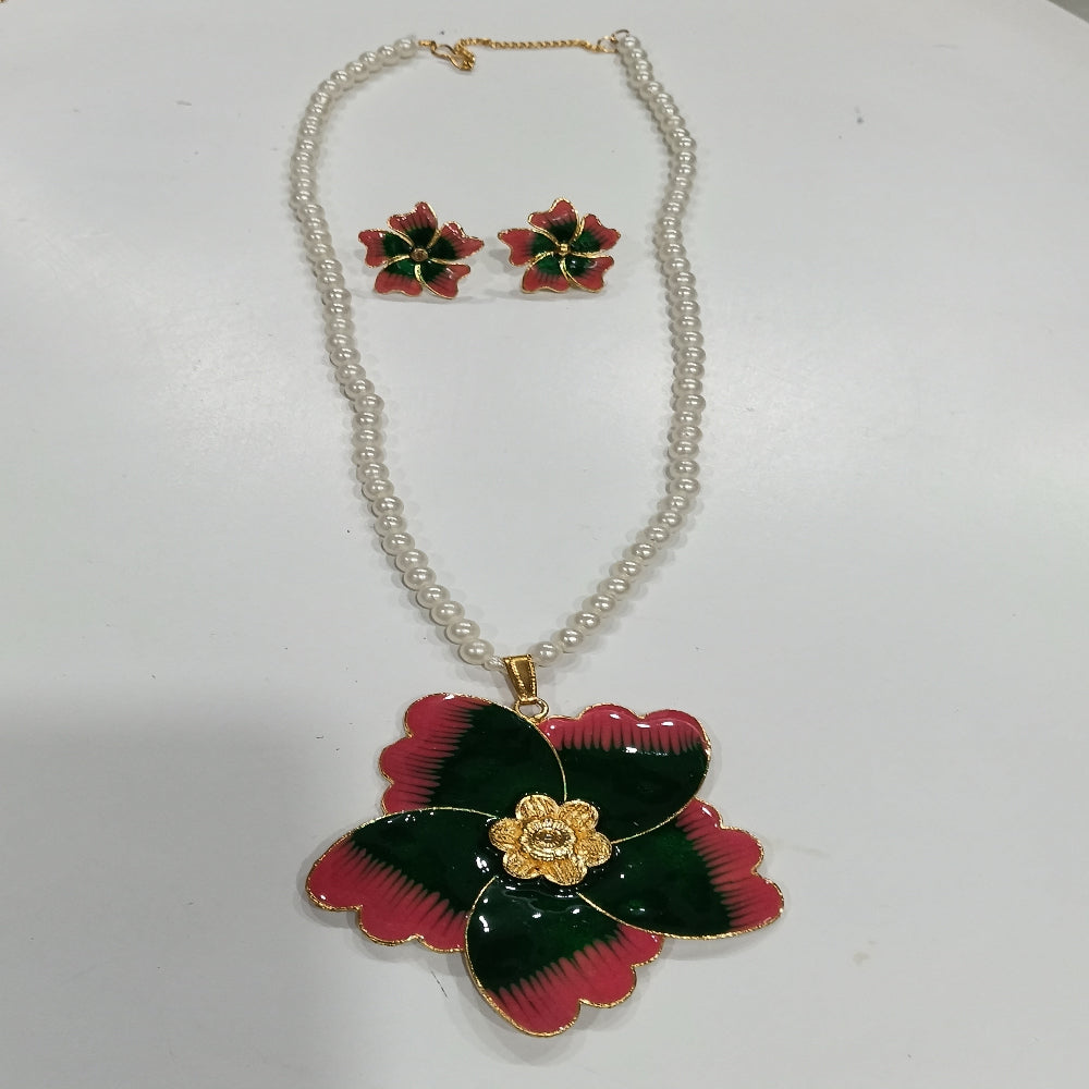 Long Necklace Set with Pink/Black Flower Design Pendant