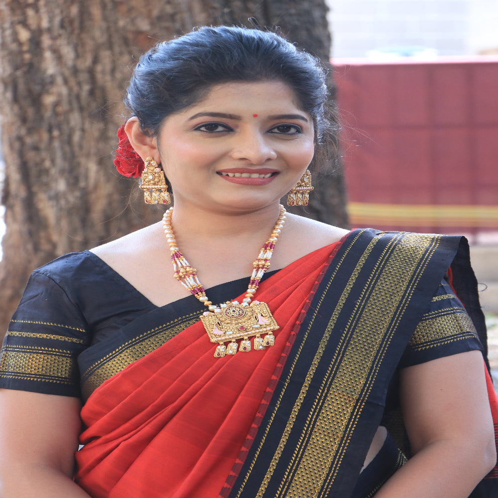 Long Necklace Set with Moti Mala and Wine Color Stones